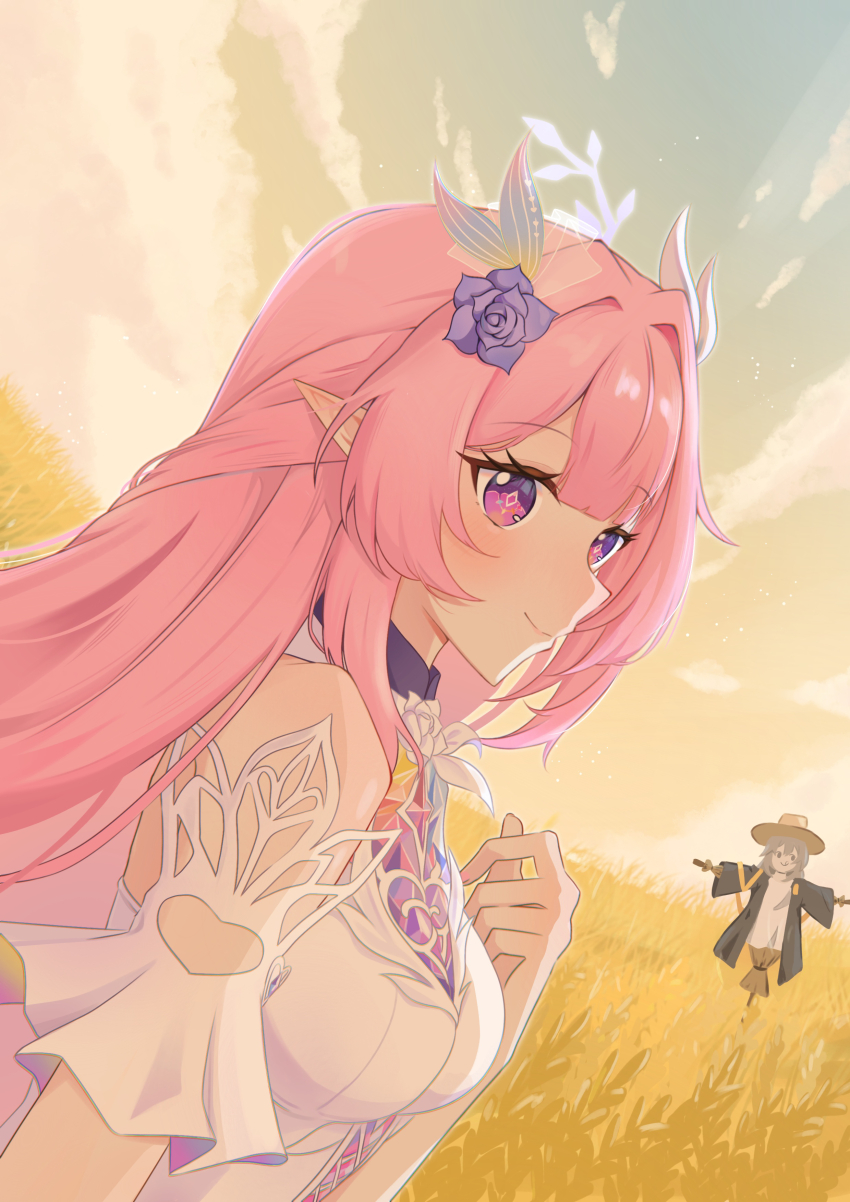 1girl absurdres bare_shoulders breasts cloud commentary cyrene_(honkai:_star_rail) cyrene_(ripples_of_past_reverie)_(honkai:_star_rail) diamond-shaped_pupils diamond_(shape) dress english_commentary flower hair_flower hair_ornament highres honkai:_star_rail honkai_(series) large_breasts pink_hair pointy_ears purple_eyes purple_hair scarecrow sky smile solo symbol-shaped_pupils trailblazer_(honkai:_star_rail) turtleking wheat wheat_field white_dress