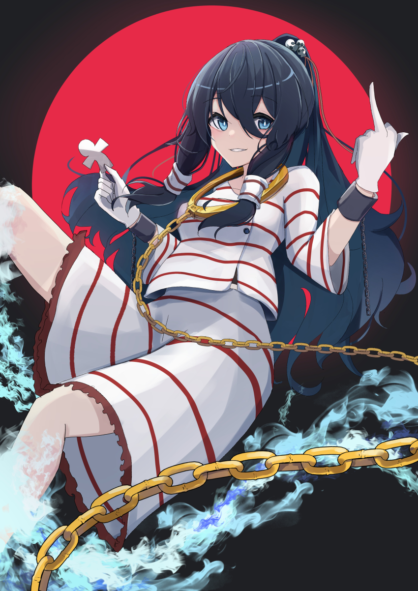 1girl absurdres blue_eyes blue_hair breasts buttons chain commentary_request cuffs frilled_skirt frills ghost_tail gloves gold_chain hair_ornament hair_tubes handcuffs highres long_hair long_sleeves middle_finger miyadeguchi_mizuchi moon paper_cutout paper_doll ponytail prison_clothes red_moon red_stripes shackles shirt skirt skull_hair_ornament small_breasts solo striped_clothes striped_shirt striped_skirt touhou uyu_0501 very_long_hair white_gloves white_shirt white_skirt wrist_cuffs