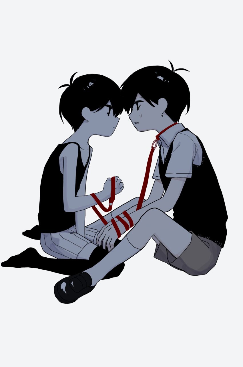 2boys antenna_hair black_eyes black_hair black_shoes black_sweater_vest black_tank_top black_thighhighs brown_shorts collarbone collared_shirt colored_skin dual_persona highres looking_at_another male_focus multiple_boys omori omori_(omori) parted_lips rou_(h_s_sinrin) shirt shoes short_hair short_sleeves shorts simple_background sitting socks striped_clothes striped_shorts sunny_(omori) sweatdrop sweater_vest tank_top thighhighs vertical-striped_clothes vertical-striped_shorts wariza white_background white_shirt white_shorts white_skin white_socks