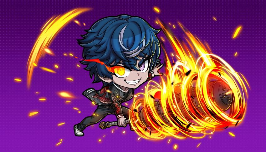 1boy belt black_jacket black_pants black_shirt blue_hair brown_belt chibi chibi_only club_(weapon) eye_trail flaming_eye full_body grin highres holding holding_club holding_weapon jacket light_trail looking_at_viewer male_focus non-web_source official_art pants purple_background purple_eyes senju_hyakuichitarou shirt short_hair smile solo tribe_nine v-shaped_eyebrows weapon