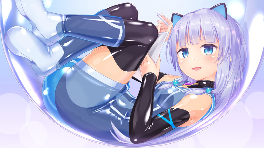 1girl animal_ears black_thighhighs blue_eyes blue_hair bodysuit cat_ears detached_collar drawing_tablet dress gloves highres holding holding_stylus in_bubble indie_virtual_youtuber latex latex_bodysuit latex_dress latex_gloves latex_thighhighs light_blue_hair long_hair looking_at_viewer mitsuki_awano naka_(cheeseyeast) original see-through_clothes see-through_bodysuit shiny_clothes skin_tight smile solo stylus tablet_pc thighhighs virtual_youtuber