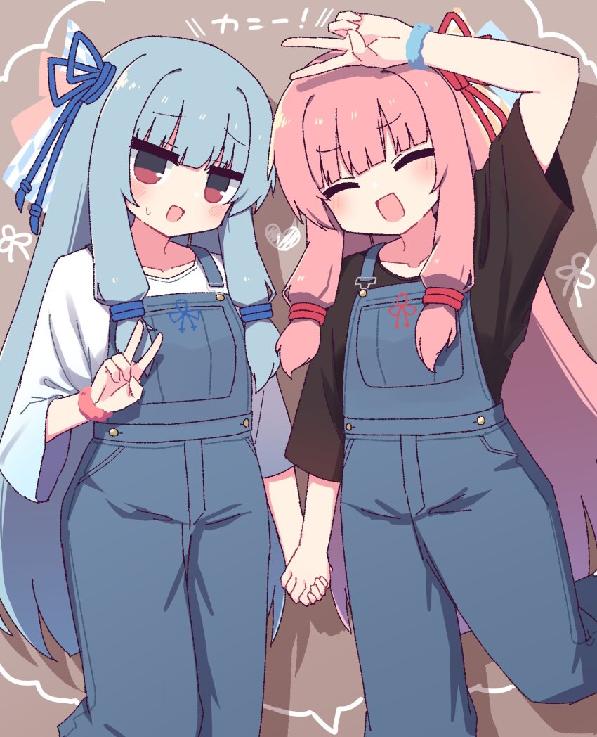 2girls :d arm_up black_shirt blue_hair blue_overalls blue_ribbon blush closed_eyes collarbone commentary facing_viewer feet_out_of_frame hair_ribbon hand_up hibino_000 highres holding_hands kotonoha_akane kotonoha_aoi long_hair looking_at_viewer multiple_girls open_mouth overalls pink_hair red_hair red_ribbon ribbon shirt sidelocks three-quarter_sleeves smile symbol-only_commentary v voiceroid white_shirt wide_sleeves