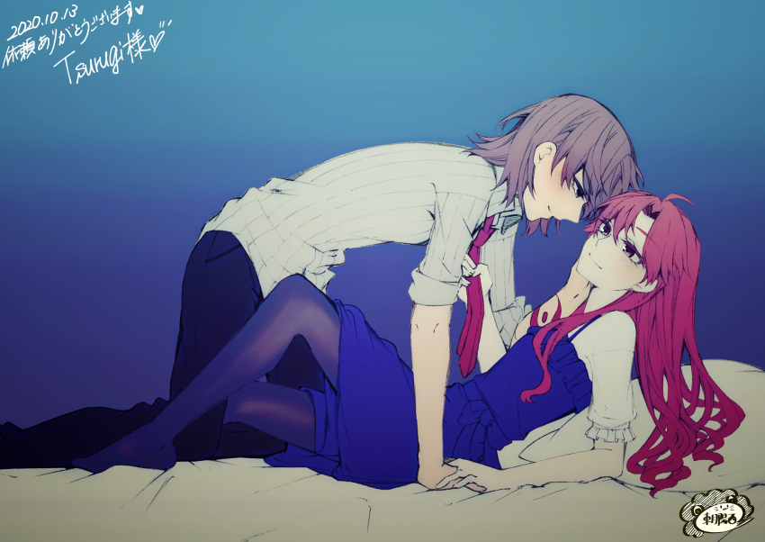 2girls absurdres all_fours alternate_costume blue_dress blue_pants blush brown_hair clothes_grab collared_shirt commentary_request dated dress gradient_background hand_on_another&#039;s_cheek hand_on_another&#039;s_face higashizukihi_sei highres light_smile long_hair lying medium_hair misaka_mikoto multiple_girls necktie necktie_grab neckwear_grab pants pantyhose red_hair red_necktie shirai_kuroko shirt short_sleeves sidelocks skirt sleeve_rolled_up straddling striped_clothes striped_shirt toaru_kagaku_no_railgun toaru_majutsu_no_index wavy_hair white_pantyhose white_shirt yuri