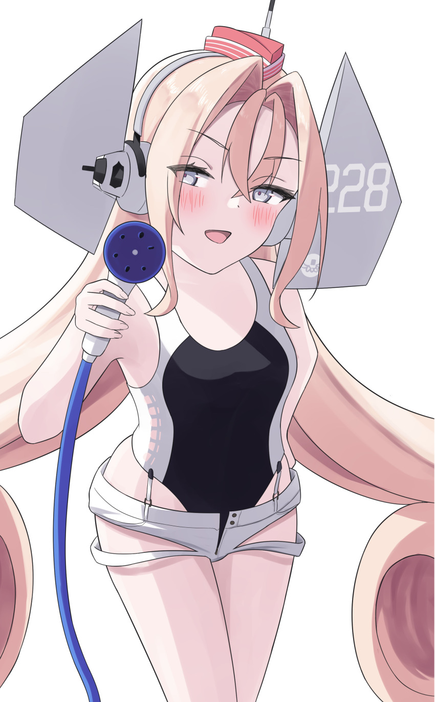 1girl absurdres black_one-piece_swimsuit blonde_hair breasts commentary_request competition_swimsuit cosplay cowboy_shot drum_(kancolle) garrison_cap grey_eyes hair_rings hat headgear highres holding holding_hose hose hose_nozzle kantai_collection l_meet long_hair one-piece_swimsuit red_hat scamp_(kancolle) scamp_(kancolle)_(cosplay) short_shorts shorts simple_background small_breasts solo swimsuit two-tone_swimsuit very_long_hair white_background white_shorts