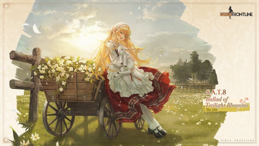 1girl :d animal apron black_shoes black_vest blonde_hair character_name cloud cloudy_sky commentary copyright_name daisy day english_commentary falling_petals fang fence field flower full_body girls&#039;_frontline grass highres holding holding_animal lamb leaning_on_object long_hair long_sleeves looking_at_viewer mary_janes meadow nin_(lion) official_alternate_costume official_art open_mouth outdoors pantyhose petals promotional_art red_skirt s.a.t.8_(ballad_of_twilight_blossoms)_(girls&#039;_frontline) s.a.t.8_(girls&#039;_frontline) second-party_source shadow sheep shirt shoes skirt sky smile solo standing teeth tree upper_teeth_only veil very_long_hair vest wagon white_apron white_pantyhose white_shirt white_veil wooden_fence