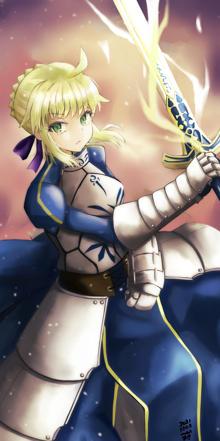 1girl absurdres ahoge armor armored_dress artoria_pendragon_(fate) blonde_hair blue_dress dated dress excalibur_(fate/stay_night) fate/grand_order fate_(series) gauntlets glowing glowing_sword glowing_weapon green_eyes highres holding holding_sword holding_weapon juliet_sleeves long_sleeves looking_at_viewer medium_hair parted_lips puffy_sleeves purple_ribbon ribbon saber_(fate) solo sword tsukaasa weapon