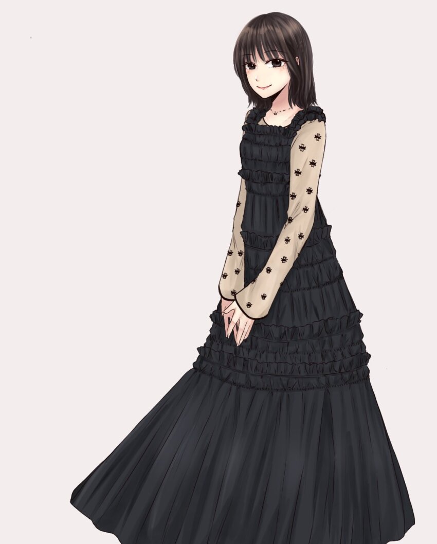 1girl actor black_dress black_eyes brown_hair brown_shirt closed_mouth commentary_request dress feet_out_of_frame frilled_dress frills grey_background highres ishii_haruna jewelry light_blush long_dress looking_at_viewer medium_hair mole mole_under_eye necklace nigari_(ngari_0115) own_hands_together pendant pinafore_dress real_life shirt simple_background sleeveless sleeveless_dress smile solo standing v_arms