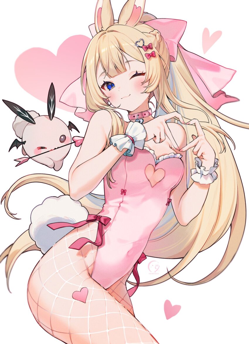 1girl ;3 animal_ears bare_shoulders blue_eyes bow braid breasts choker closed_mouth clothing_cutout covered_navel cowboy_shot fishnet_pantyhose fishnets hair_bow heart heart_cutout heart_hands highleg highleg_leotard highres indie_virtual_youtuber leotard long_hair looking_at_viewer one_eye_closed pantyhose pink_choker pink_leotard playboy_bunny ponytail rabbit_ears rabbit_tail side-tie_leotard simple_background small_breasts smile solo spaghetti_strap tail very_long_hair virtual_youtuber white_background wrist_cuffs yenko_(vtuber) yenkoes