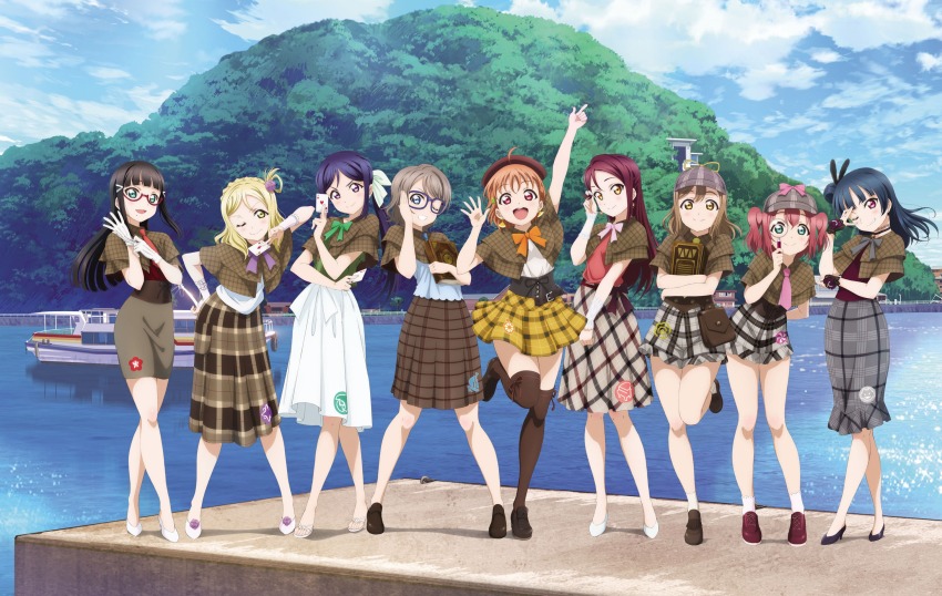 6+girls aqua_eyes artbook bag black_hair blonde_hair blue_hair blue_necktie bow bowtie brown_hair brown_skirt card checkered_clothes checkered_skirt full_body glasses gloves green_bow green_bowtie grey_bow grey_bowtie grey_hair hat highres holding holding_card holding_magnifying_glass kunikida_hanamaru kurosawa_dia kurosawa_ruby long_hair long_skirt looking_at_viewer love_live! love_live!_sunshine!! magnifying_glass matsuura_kanan miniskirt mole mole_under_mouth multiple_girls necktie non-web_source official_art ohara_mari one_eye_closed orange_bow orange_bowtie orange_hair outdoors pink_bow pink_bowtie pink_necktie purple_bow purple_bowtie purple_eyes purple_hair red_eyes red_hair red_necktie sakurauchi_riko short_hair skirt smile standing takami_chika thighhighs tsushima_yoshiko watanabe_you white_gloves white_skirt yellow_eyes yellow_necktie yellow_skirt