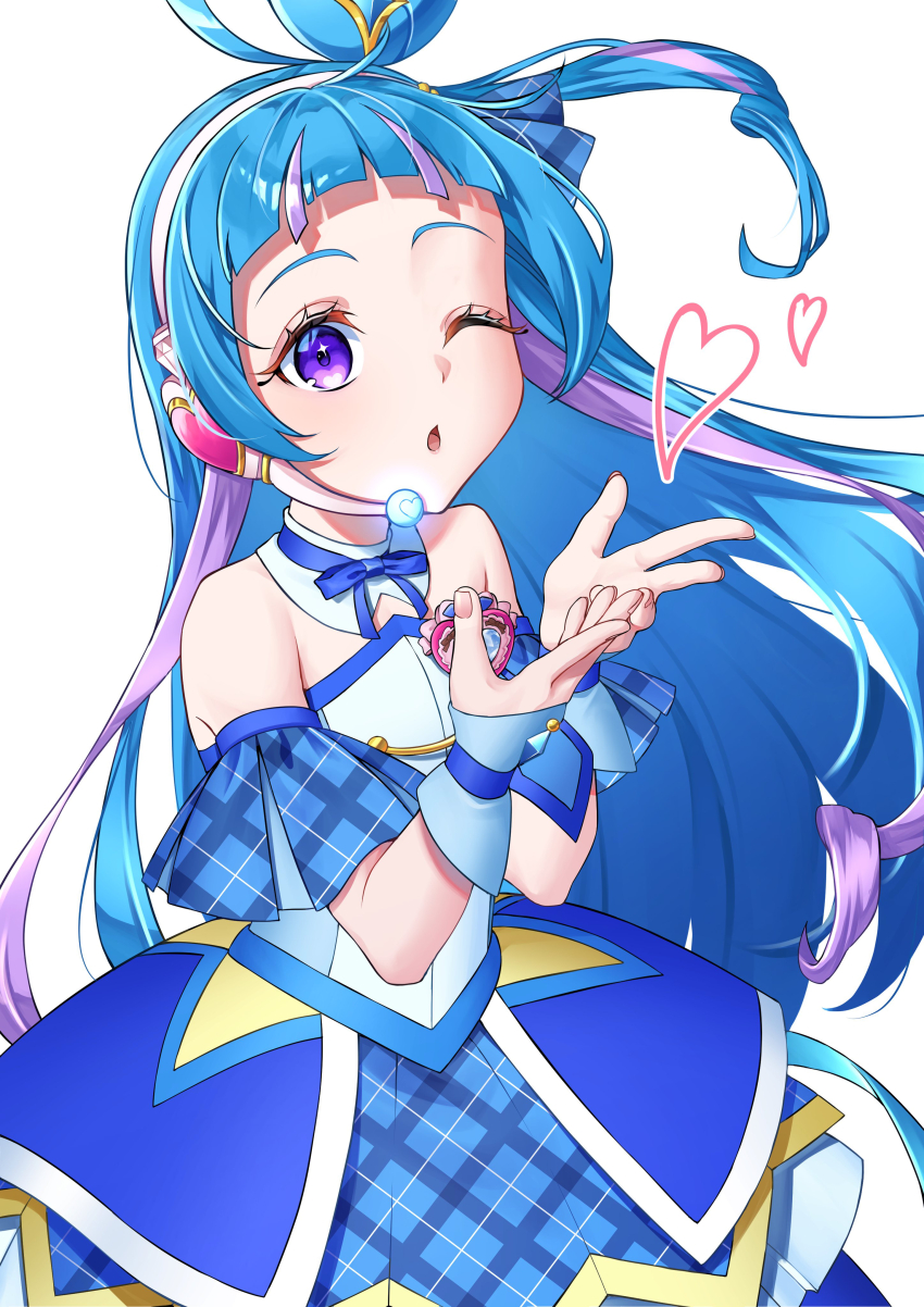 1girl aboreen absurdres aokaze_nana blue_bow blue_bowtie blue_hair blue_shirt blue_skirt bow bowtie brooch commentary cure_wink detached_collar hair_bun hairband headset heart heart_brooch heart_hair_bun highres jewelry kimi_to_idol_precure long_hair magical_girl multicolored_hair one_eye_closed open_mouth precure purple_eyes shirt skirt solo strapless strapless_shirt two-tone_hair white_background white_hairband wrist_cuffs