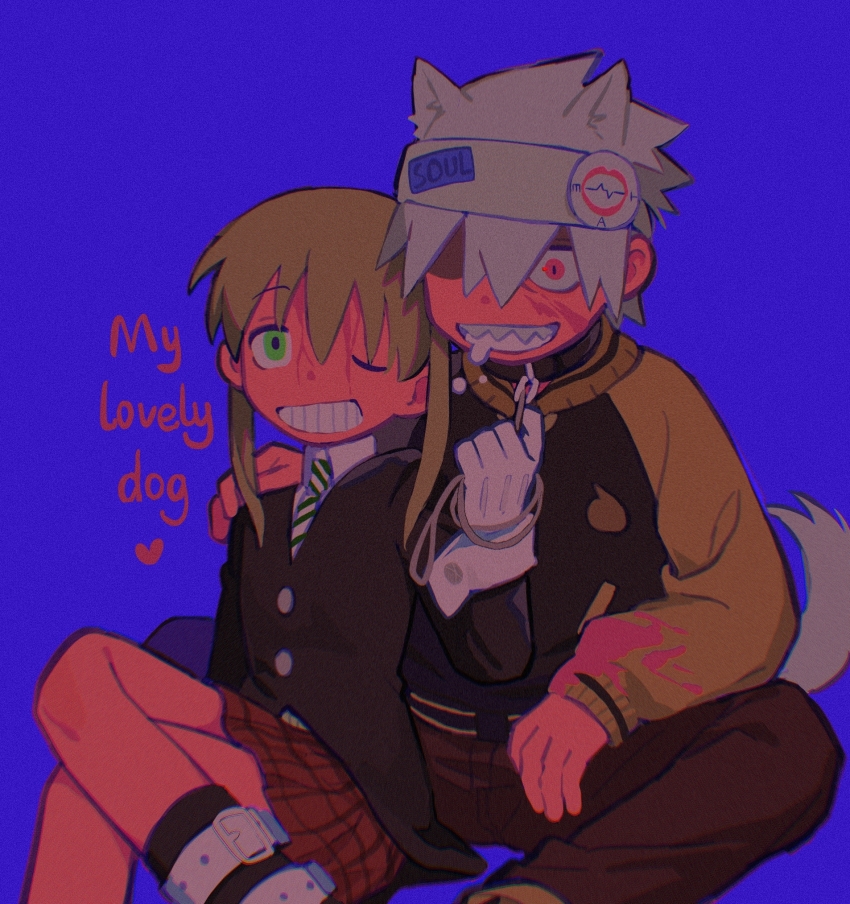 1boy 1girl animal_ears black_collar black_jacket black_socks blood blood_from_forehead blood_on_clothes blood_on_face blue_background brown_hair brown_pants buttons chinese_commentary collar commentary_request dog_boy dog_ears dog_tail english_text film_grain gloves green_eyes grey_hair grey_headband grin headband highres holding holding_leash jacket kemonomimi_mode leash long_sleeves maka_albarn male_focus miniskirt necktie one_eye_closed pants pink_blood plaid_clothes plaid_skirt red_eyes red_skirt rice_(somasuki_77) shirt simple_background skirt smile socks soul_eater soul_evans tail twintails white_gloves white_necktie white_shirt