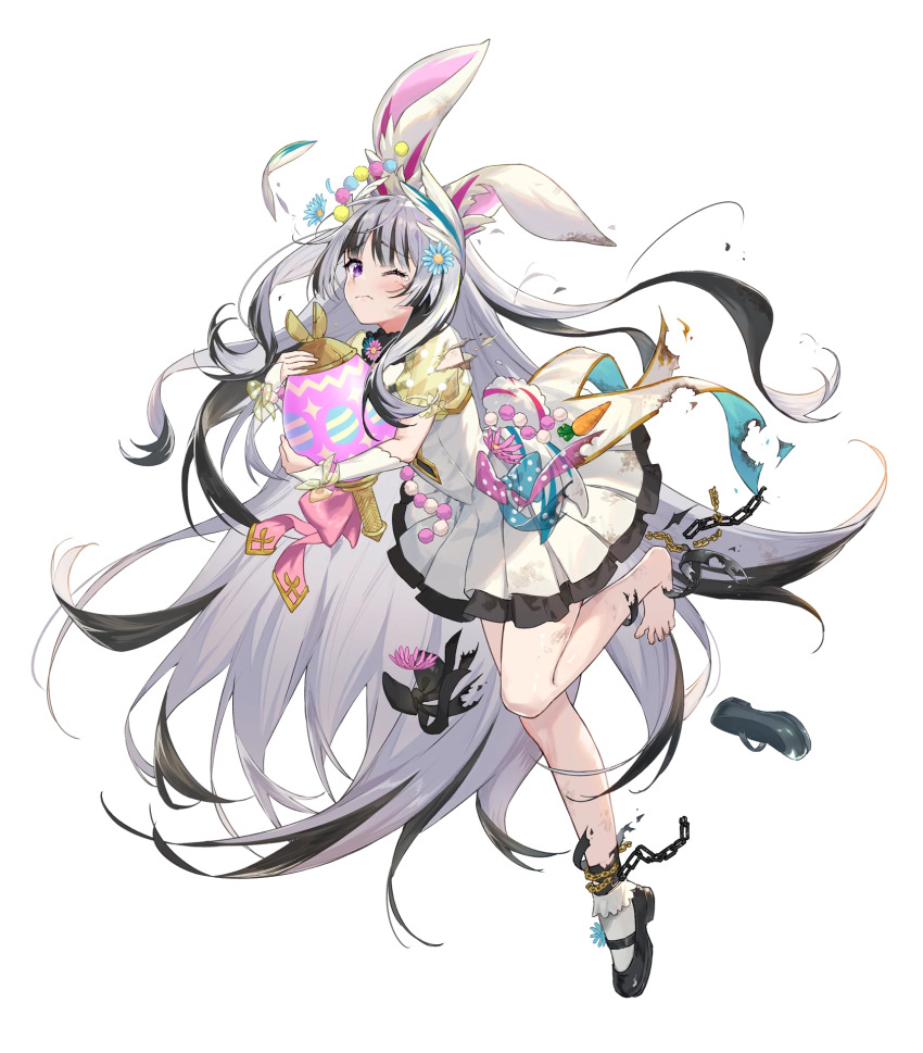 1girl animal_ears bare_shoulders black_choker black_hair breasts broken broken_chain chain choker cleavage damaged dress egg feather_hair_ornament feathers fire_emblem fire_emblem_engage fire_emblem_heroes frown full_body grey_hair hair_ornament high_heels highres holding holding_egg ichikawa_haru long_hair looking_at_viewer multicolored_hair nintendo non-web_source official_alternate_costume official_art one_eye_closed pleated_dress purple_eyes rabbit_ears shoes small_breasts smile streaked_hair tearing_up two-tone_hair unworn_shoes very_long_hair veyle_(fire_emblem) veyle_(spring)_(fire_emblem) wavy_hair white_dress white_hair