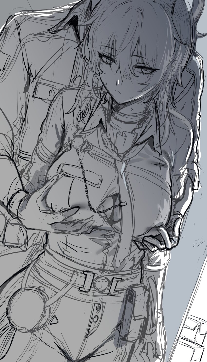 1boy 1girl absurdres armband bra bra_peek breasts button_gap chest_harness choker closed_mouth collared_jacket collared_shirt cowboy_shot curled_horns gloves grabbing_another&#039;s_breast grabbing_from_behind groping hair_between_eyes harness hetero hews highres horns jacket large_breasts male_rover_(wuthering_waves) medium_hair necktie pants rover_(wuthering_waves) shirt shirt_tucked_in sketch tight_clothes tight_pants underwear wuthering_waves zani_(wuthering_waves)