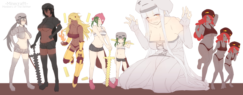 6+girls abs absurdres at2. bare_shoulders black_gloves black_legwear blaze_(minecraft) blonde_hair blush breasts brown_eyes cleavage closed_mouth collarbone colored_skin copyright_name dark-skinned_female dark_skin dress elbow_gloves fingerless_gloves ghast giant giantess gloves green_hair grey_eyes grey_gloves grey_hair grey_legwear grey_shorts grey_skin grin hand_on_own_hip highres large_breasts long_hair looking_at_viewer low_twintails magma_cube minecraft mob_talker multiple_girls muscular muscular_female navel off-shoulder_dress off_shoulder open_mouth parted_lips personification red_eyes red_hair short_hair short_shorts shorts skeleton_(minecraft) sketch smile teeth thighhighs twintails white_dress white_gloves white_hair wither_skeleton_(minecraft) zombified_piglin