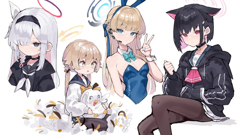 4girls absurdres animal_ears black_choker black_coat black_hair black_hairband black_jacket black_pantyhose black_sailor_collar blonde_hair blue_archive blue_eyes blue_hair blue_leotard blue_sailor_collar blush bow bowtie braid breasts choker closed_mouth coat detached_collar fake_animal_ears hair_between_eyes hair_over_one_eye hairband halo hand_in_pocket headset hifumi_(blue_archive) highres jacket kazusa_(blue_archive) leotard long_hair long_sleeves looking_at_viewer medium_breasts multiple_girls pantyhose parted_lips peroro_(blue_archive) pink_hair plana_(blue_archive) playboy_bunny pleated_skirt rabbit_ears sailor_collar scarlet23i0 school_uniform serafuku short_hair side_braid simple_background sitting skirt toki_(blue_archive) toki_(bunny)_(blue_archive) v white_background wrist_cuffs