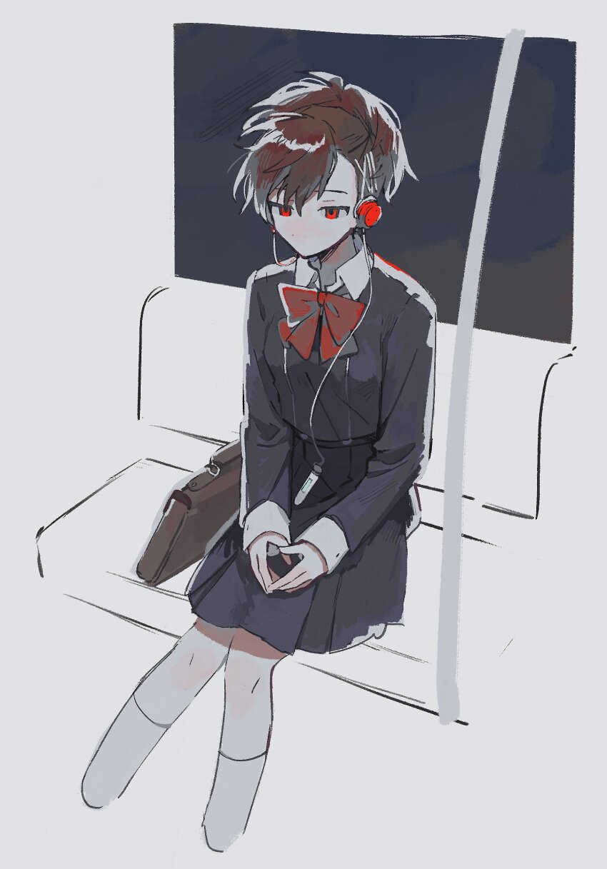 1girl bag black_skirt bow bowtie brown_hair collared_shirt digital_media_player earphones gekkoukan_high_school_uniform gm70t hair_between_eyes hair_ornament hairclip highres kneehighs long_sleeves no_mouth persona persona_3 persona_3_portable red_bow red_bowtie red_eyes school_uniform shiomi_kotone shirt sitting skirt socks solo white_shirt white_socks