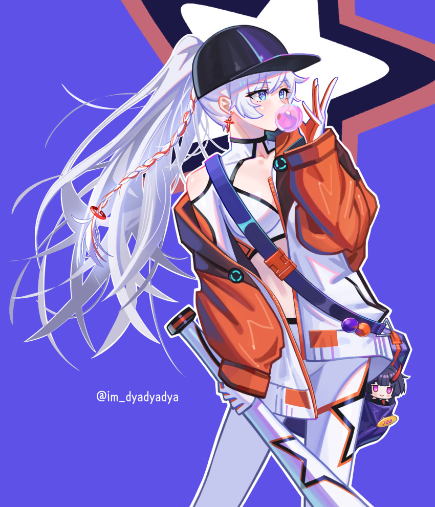 1girl baseball_bat baseball_cap black_hat blue_eyes breasts chewing_gum chibi collarbone commentary dyadyadya earrings gloves hat high_ponytail highres honkai_(series) honkai_impact_3rd jacket jewelry kiana_kaslana kiana_kaslana_(herrscher_of_flamescion) kiana_kaslana_(white_comet) long_hair midriff open_hand ponytail raiden_mei raiden_mei_(herrscher_of_thunder) simple_background small_breasts solo twitter_username upper_body white_hair
