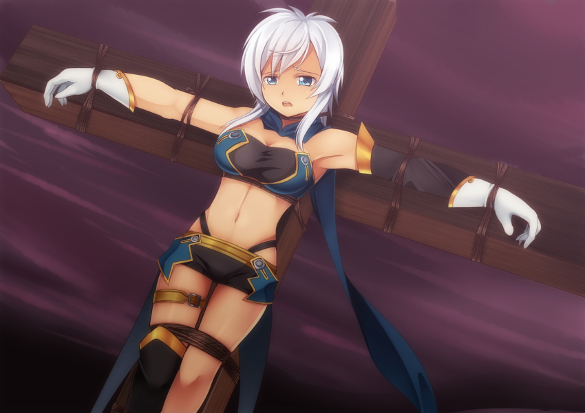 1girl bandeau bdsm blue_eyes bondage bound crucifixion dark-skinned_female dark_skin female_focus gloves midriff navel open_mouth purple_background restrained rondoline_e_effenberg rondorine_e._effenberg short_hair short_shorts shorts single_thighhigh solo tales_of_(series) tales_of_phantasia tales_of_phantasia:_narikiri_dungeon tales_of_phantasia:_narikiri_dungeon_x thighhighs white_gloves white_hair yasume_yukito