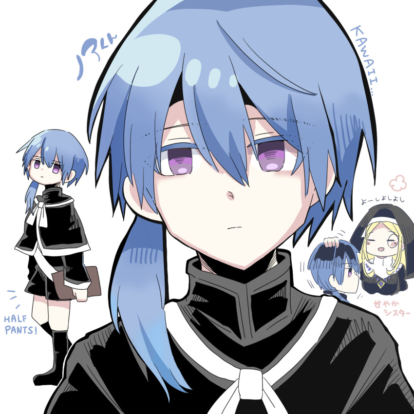 1boy 1girl black_capelet black_jacket black_shorts blonde_hair blue_hair blush_stickers breasts capelet clipboard closed_eyes closed_mouth cropped_torso english_text expressionless full_body hair_between_eyes hazure_skill_&quot;kinomi_master&quot;:_skill_no_mi_(tabetara_shinu)_wo_mugen_ni_taberareru_you_ni_natta_ken_nitsuite headpat highres holding holding_clipboard holy_sister_(kinomi_master) jacket large_breasts long_hair looking_at_viewer medium_hair monocle motion_lines multiple_views noa_(kinomi_master) nun ponytail purple_eyes shorts simple_background smile upper_body user_sjtw2272 white_background
