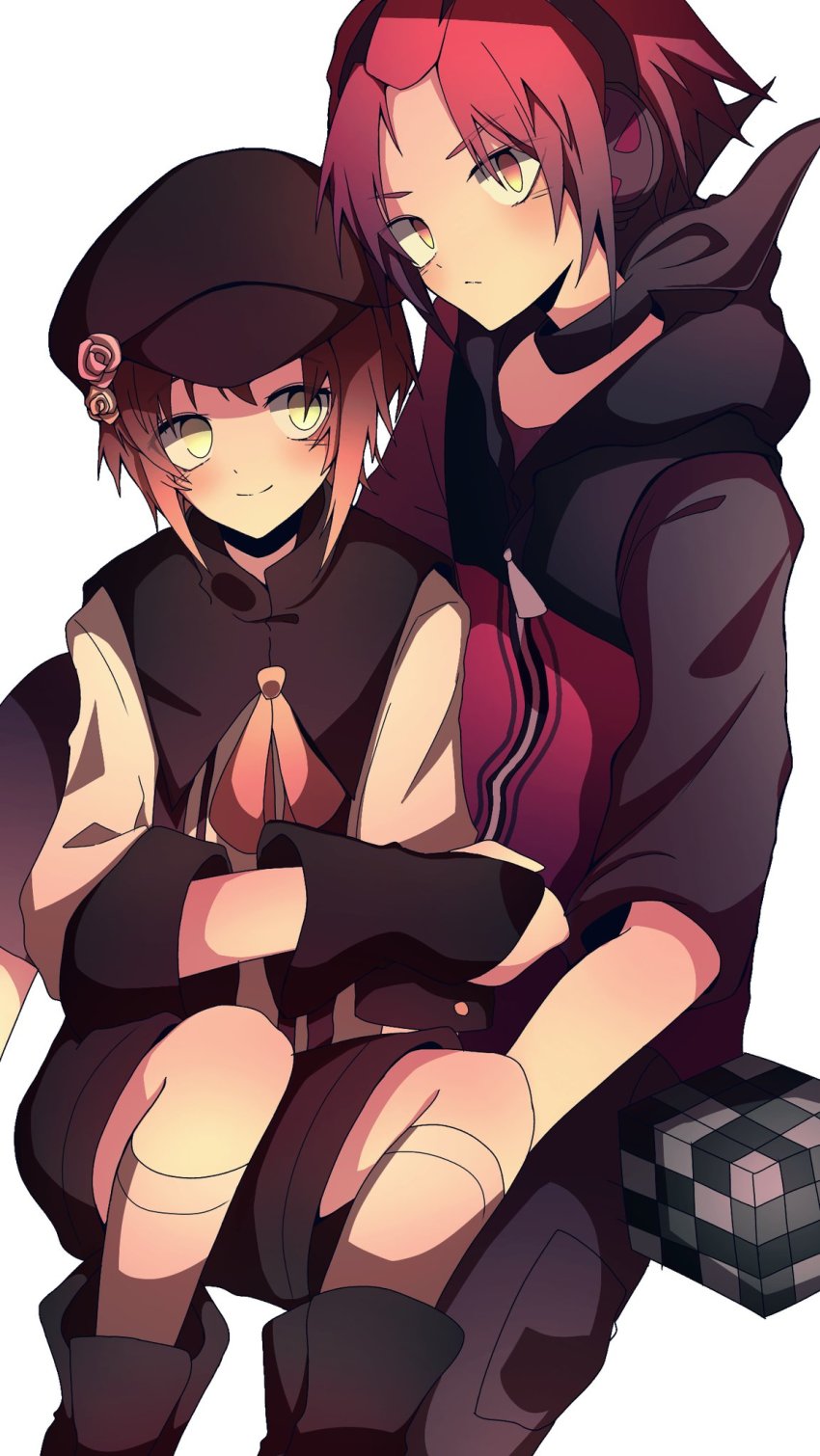 1bitheart 2boys blush boots brown_hair facing_viewer gloves green_eyes headphones highres hood hoodie kujoh_akitaka long_sleeves looking_at_another looking_at_viewer multiple_boys nasuki_haruya ohamihaeru red_hair short_hair short_sleeves sitting white_background yellow_eyes