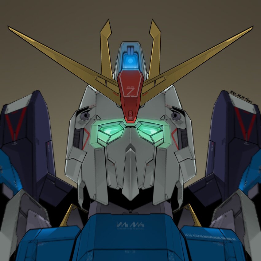 anaheim_electronics brown_background dated glowing glowing_eyes green_eyes gundam hashtag-only_commentary highres looking_at_viewer mecha mecha_focus mobile_suit no_humans portrait robot science_fiction signature simple_background solo toilobo v-fin zeta_gundam zeta_gundam_(mobile_suit)