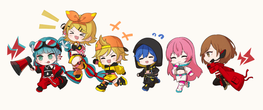 &gt;_&lt; 2boys 4girls absurdres ahoge aqua_eyes aqua_hair baseball_cap black_gloves blonde_hair blue_hair blush boots brown_eyes brown_hair chibi closed_eyes earpiece everyone fang full_body giggling gloves goggles green_eyes hair_between_eyes hair_ornament hairpin happy hat hatsune_miku highres holding holding_megaphone hood hood_up jacket kagamine_len kagamine_rin kaito_(vocaloid) leg_warmers long_hair looking_ahead looking_at_another magical_mirai_(vocaloid) magical_mirai_kaito magical_mirai_kaito_(2023) magical_mirai_len magical_mirai_len_(2023) magical_mirai_luka magical_mirai_luka_(2023) magical_mirai_meiko magical_mirai_meiko_(2023) magical_mirai_miku magical_mirai_miku_(2023) magical_mirai_rin magical_mirai_rin_(2023) megaphone megurine_luka meiko_(vocaloid) multicolored_hair multiple_boys multiple_girls multiple_hairpins navel open_mouth orange_leg_warmers pink_hair red_hair running shoes short_hair shorts skin_fang skirt smile sneakers soup_dumplin spiked_ear_piercing streaked_hair sweatdrop tongue tongue_out twintails very_long_hair vocaloid white_background