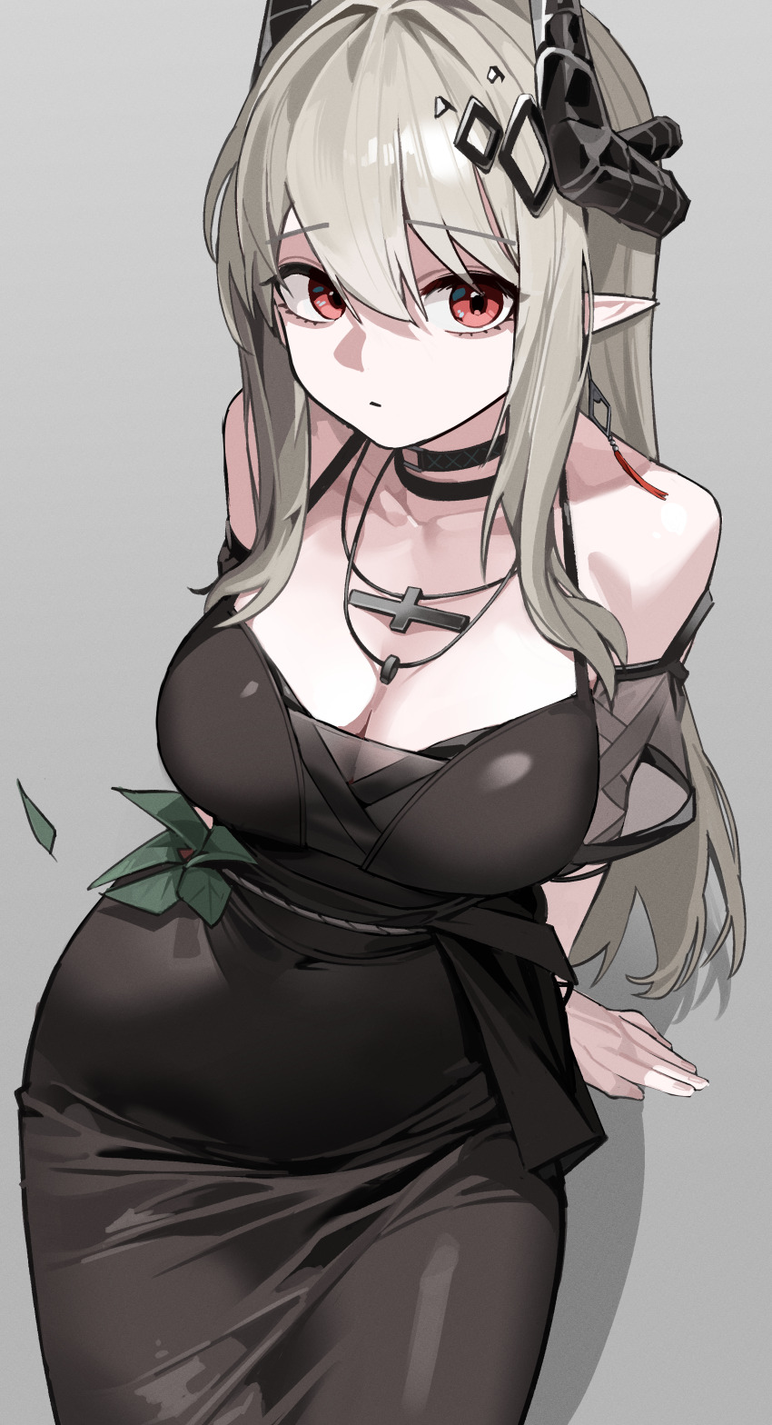 1girl absurdres arknights black_choker black_dress breasts choker cleavage closed_mouth covered_navel cross cross_necklace demon_girl demon_horns dress grey_background grey_hair highres horns jewelry large_breasts long_hair looking_at_viewer material_growth mudrock_(arknights) mudrock_(obsidian)_(arknights) necklace official_alternate_costume pointy_ears red_eyes seueo simple_background solo