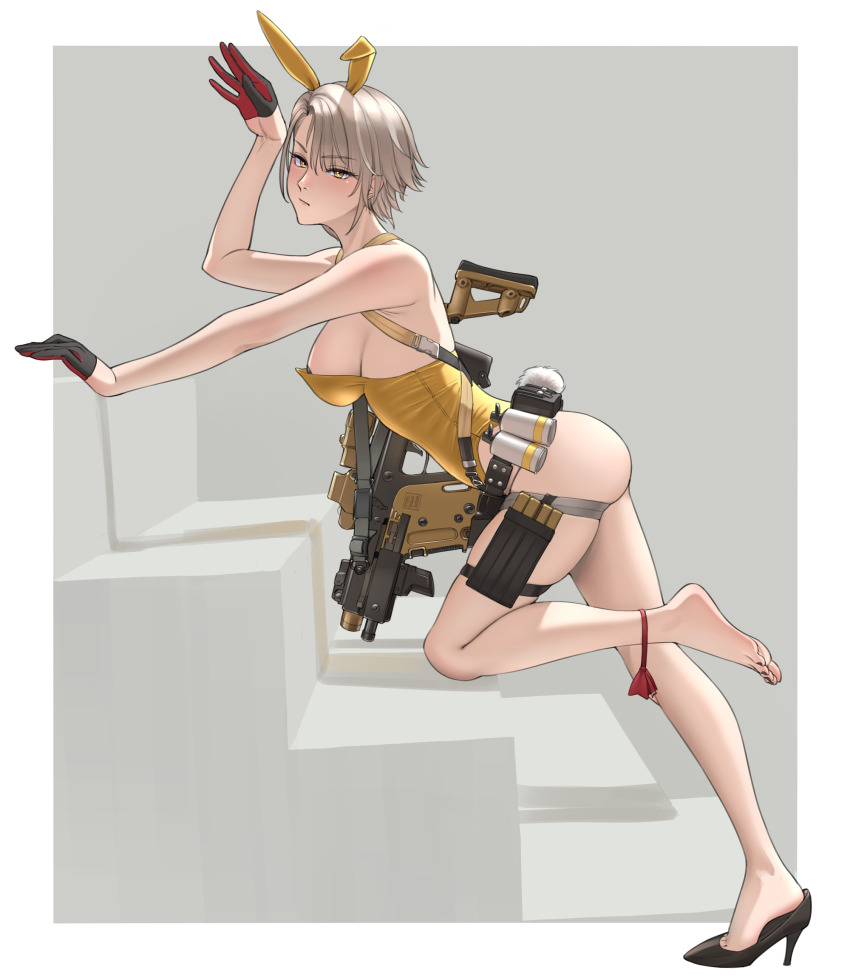 1girl animal_ears ass backless_leotard bare_arms bare_shoulders belt belt_around_waist belt_pouch black_belt black_eyeliner black_gloves black_nails black_pasties black_shoes border breasts buckle closed_mouth commentary english_commentary explosive expressionless eyelashes eyeliner fake_animal_ears fake_tail feet foot_up from_side full_body girls&#039;_frontline girls&#039;_frontline_2:_exilium gloves grenade grey_background grey_hair gun harness high_heels highres kriss_vector large_breasts leaning_forward leg_up legs leotard light_blush looking_to_the_side magazine_(weapon) makeup nail_polish nose outside_border outstretched_arm pasties photoshop_(medium) playboy_bunny pouch puto_trash rabbit_ears rabbit_tail red_gloves red_ribbon ribbon shadow shoes sideboob single_bare_foot single_bare_leg single_shoe snap-fit_buckle solo stairs strapless strapless_leotard submachine_gun tactical_playboy_bunny tail thigh_pouch thigh_strap thighs toenail_polish toenails two-tone_gloves utility_belt vector_(girls&#039;_frontline) vector_(girls&#039;_frontline_2) vector_(molotov_bunny)_(girls&#039;_frontline_2) weapon white_border white_tail yellow_leotard