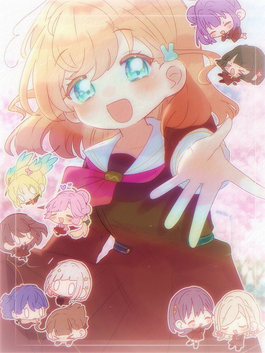 &gt;_&lt; 0_0 6+girls :d ^_^ afterimage ahoge anyoji_hime aqua_eyes aqua_neckerchief black_hair black_pantyhose black_ribbon blonde_hair blue_hair blunt_bangs blunt_ends blush bob_cut brown_cardigan brown_dress brown_hair cardigan ceras_yanagida_lilienfeld cherry_blossoms chibi chibi_inset closed_eyes col_person collarbone commentary d: diagonal_bangs dress dx flower fujishima_megumi gradient_hair grey_hair hair_bun hair_flower hair_ornament hair_ribbon half_updo hasu_no_sora_school_uniform heart highres hinoshita_kaho jacket kachimachi_kosuzu katsuragi_izumi link!_like!_love_live! long_hair long_sleeves looking_at_another looking_at_viewer love_live! medium_hair momose_ginko multi-tied_hair multicolored_hair multiple_girls murano_sayaka neckerchief offering_hand open_cardigan open_clothes open_hand open_mouth orange_hair osawa_rurino otomune_kozue outline own_hands_together pantyhose pink_flower pink_jacket pink_ribbon polka_dot polka_dot_background ponytail purple_hair rabbit_hair_ornament raised_inner_eyebrows red_hair red_neckerchief ribbon sailor_collar sailor_dress school_uniform short_hair side_ponytail sidelocks single_side_bun smile star_(symbol) star_hair_ornament streaked_hair symbol-only_commentary triangle_hair_ornament twintails two_side_up u_u v-shaped_eyebrows virtual_youtuber white_outline white_sailor_collar wolf_cut yellow_neckerchief yugiri_tsuzuri