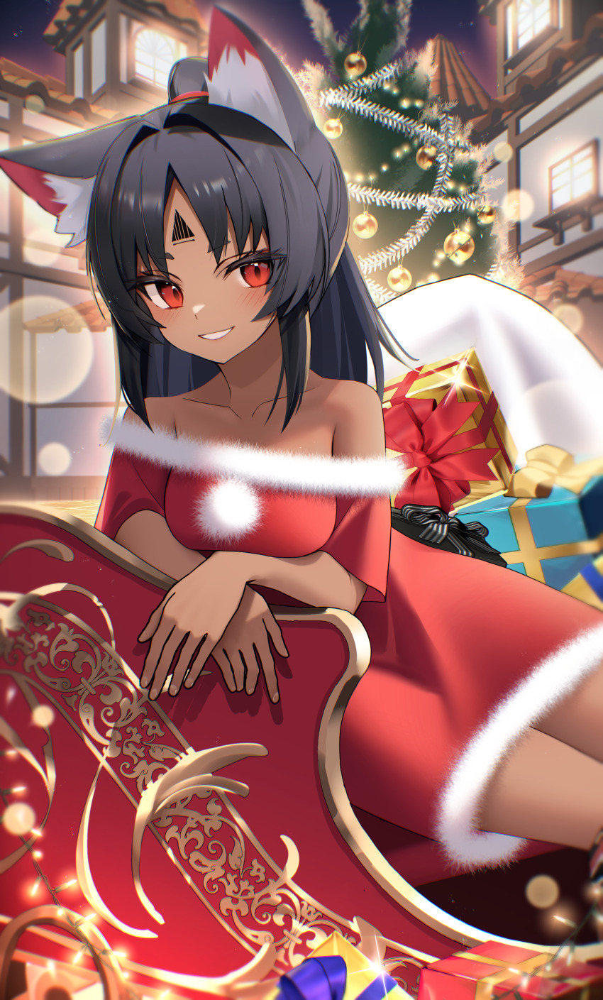 1girl absurdres animal_ear_fluff animal_ears black_hair box breasts cat_ears cat_girl christmas christmas_tree clenched_teeth collarbone dark_skin dress facial_mark forehead_mark forehead_tattoo fur-trimmed_dress fur_trim gift gift_box highres looking_at_viewer medium_breasts nekomiya_mana off-shoulder_dress off_shoulder outdoors red_eyes santa_costume santa_dress sleigh solo teeth thomas_8000 triangle triangle_facial_mark zenless_zone_zero