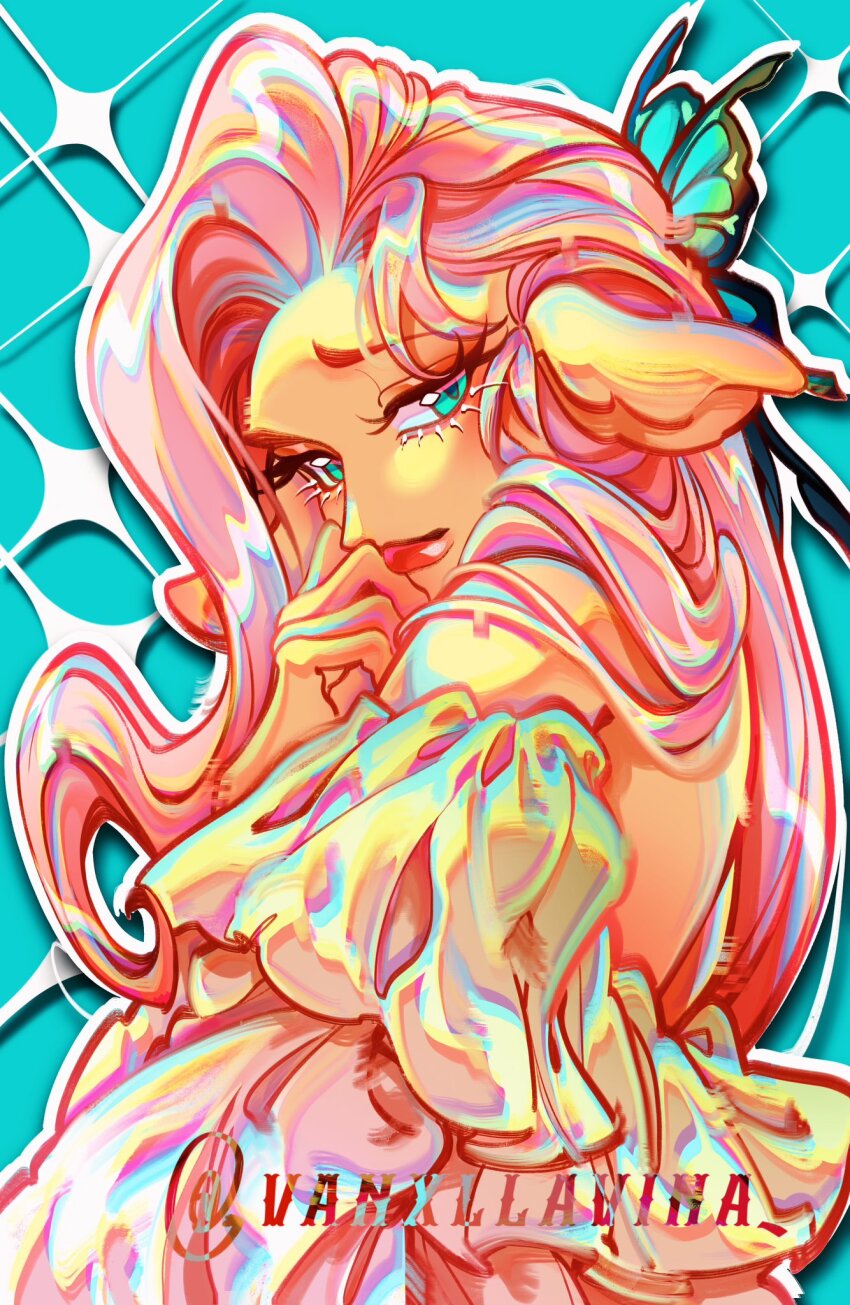 1girl animal_ears aqua_eyes blue_butterfly bug butterfly butterfly_hair_ornament colored_skin dress fluttershy from_side hair_ornament highres horse_ears humanization insect large_ears long_hair looking_at_viewer my_little_pony my_little_pony:_friendship_is_magic pink_hair smile solo twitter_username upper_body vanxllavina yellow_dress yellow_skin