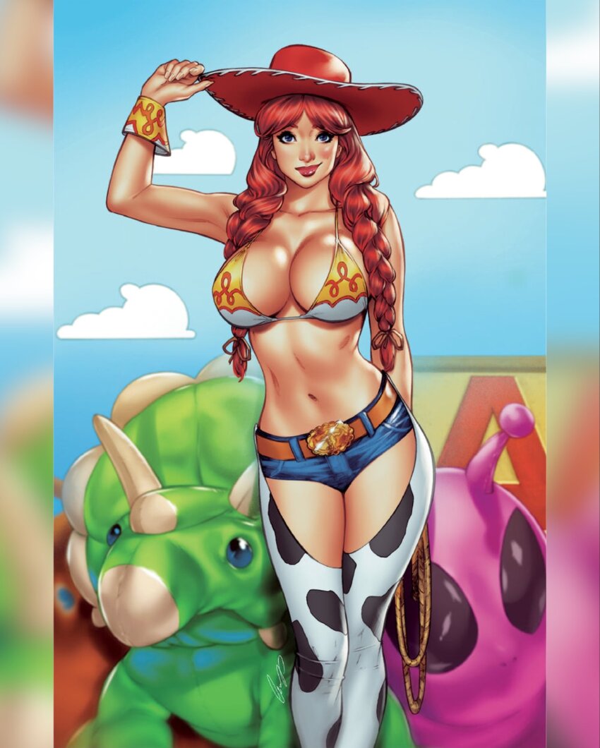 1girl animal_print bikini bikini_top_only blue_shorts braid breasts chaps cleavage cow_print cowboy_hat cowboy_western denim denim_shorts elias_chatzoudis hat highres jessie_the_yodeling_cowgirl large_breasts long_hair looking_at_viewer navel pillarboxed print_chaps red_hair red_hat shorts solo swimsuit toy_story toy_story_2 triceratops twin_braids