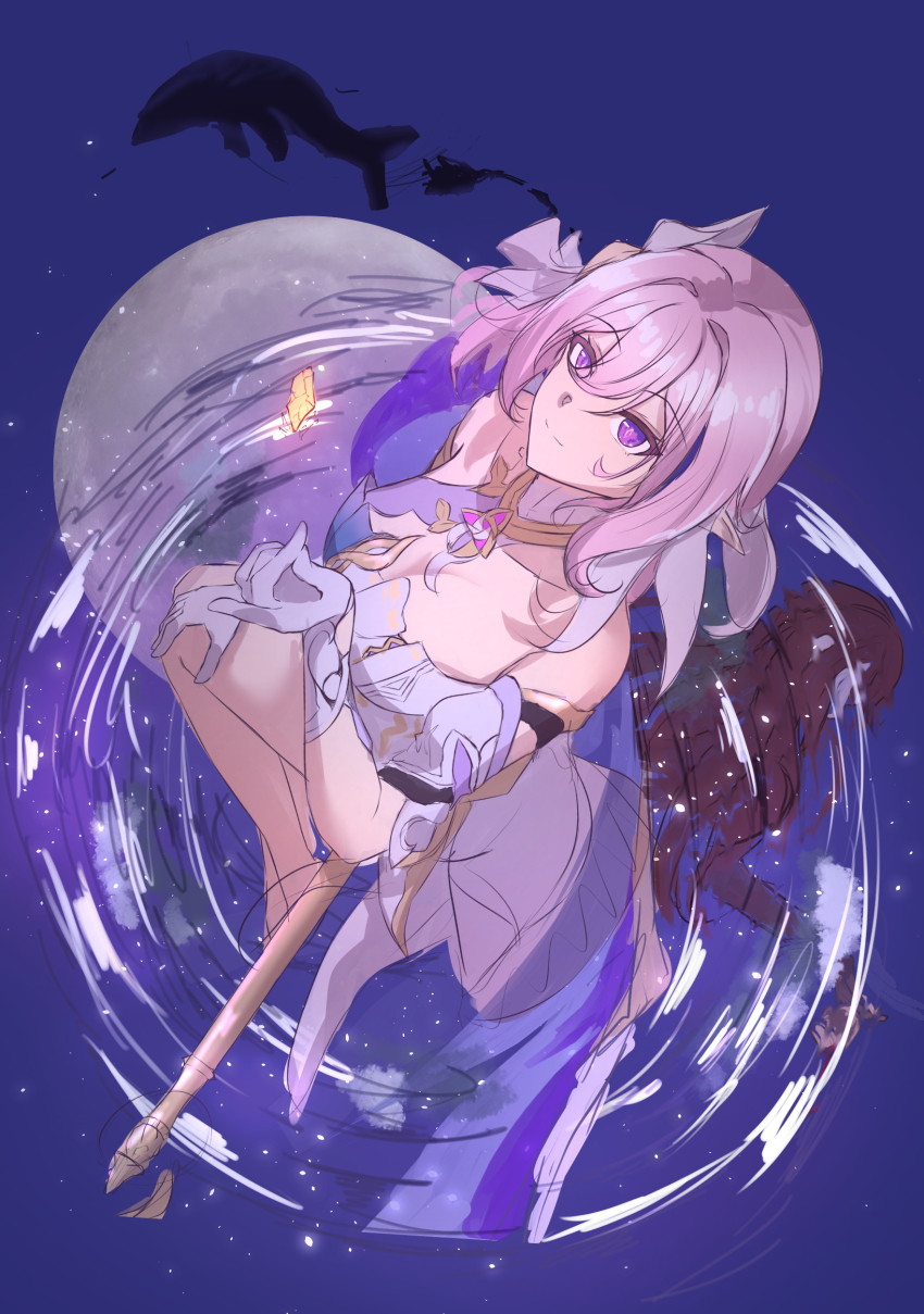 2girls absurdres bare_legs bare_shoulders barefoot breasts brown_hair cleavage corset diamond-shaped_pupils diamond_(shape) eden_(honkai_impact) elysia_(herrscher_of_human:_ego)_(honkai_impact) elysia_(honkai_impact) from_above full_moon gloves gude_(gudechang) highres honkai_(series) honkai_impact_3rd large_breasts long_hair moon multicolored_hair multiple_girls pink_hair purple_eyes reflection reflective_water short_hair staff symbol-shaped_pupils triquetra two-tone_hair water whale white_corset white_gloves white_hair