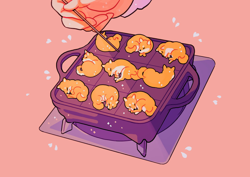 absurdres animal dog food griddle heart highres lying meyoco no_humans original pink_background shiba_inu simple_background sparkle stick takoyaki