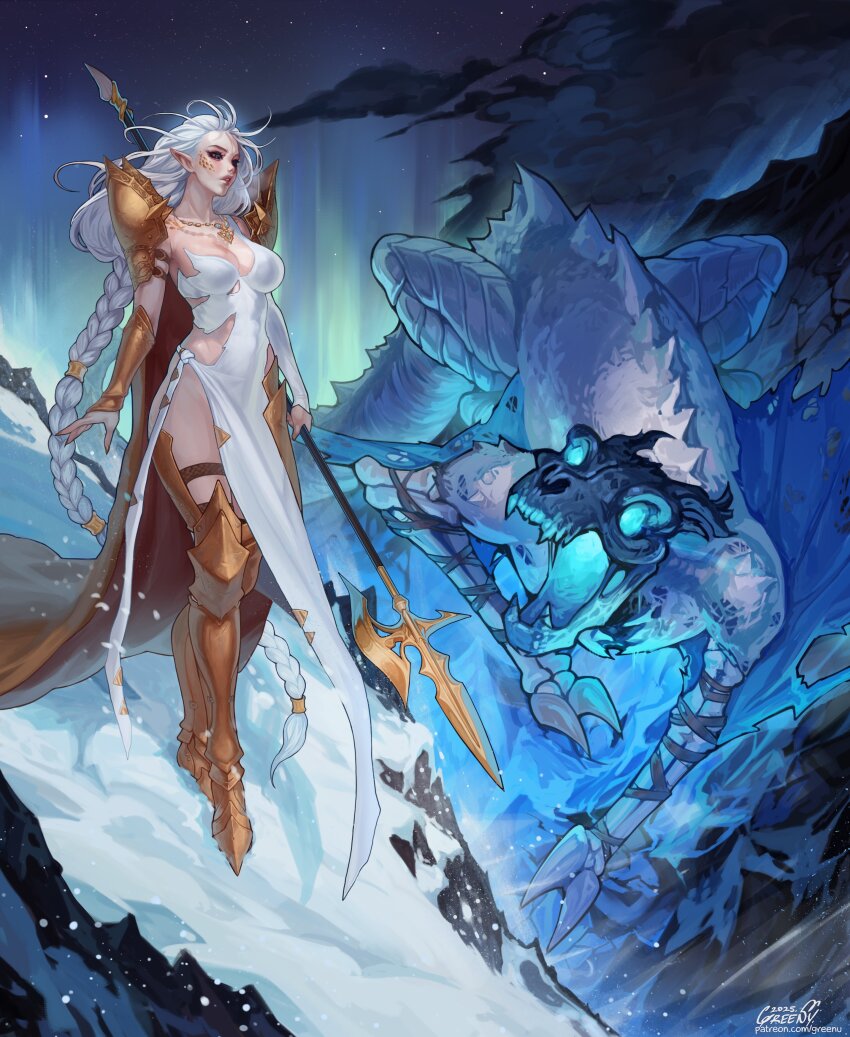 1girl 2025 absurdres arm_belt arm_guards armor armored_boots armored_legwear artist_name aurora black_eyeliner blue_eyes blue_gemstone body_markings boots braid breasts brown_cape cape cleavage cloud collarbone commentary dark_clouds dated dragon dragon_horns dragon_skull dragon_tail dress english_commentary eyelashes eyeliner eyeshadow facial_mark fangs fingernails full_body gem glowing glowing_eyes gold_armor gold_nails gold_necklace greenu hair_ornament hair_tubes halberd highres hip_armor hip_bones holding holding_polearm holding_weapon horns jewelry knee_armor large_breasts lips long_braid long_dress long_fingernails long_hair makeup monster mountain necklace night night_sky nose open_mouth original outdoors paid_reward_available parted_lips pointy_ears polearm shoulder_armor side_slit signature single_arm_guard single_braid single_sleeve skeleton sky snow solo spiked_armor standing star_(sky) starry_sky tail teeth thick_thighs thigh_armor thigh_marking thigh_strap thighs torn_clothes torn_dress undead variant_set very_long_cape very_long_hair weapon white_dragon white_dress white_hair wide_hips
