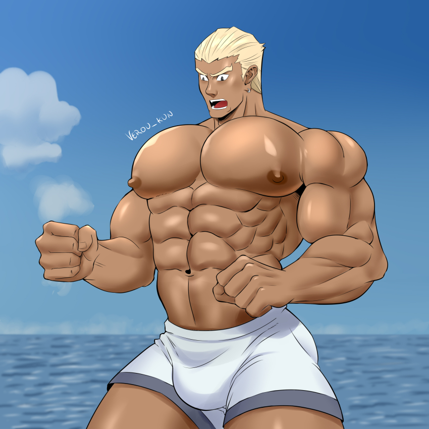 1boy abs absurdres artist_name bara biceps blonde_hair blue_sky brown_eyes bulge cloud cloudy_sky ear_piercing gamagoori_ira highres huge_pectorals kill_la_kill male_focus manly mature_male muscular muscular_arms muscular_male nipples ocean open_mouth pectorals piercing short_hair signature sky solo swimsuit teeth thick_eyebrows thighs tongue topless_male verou_kun