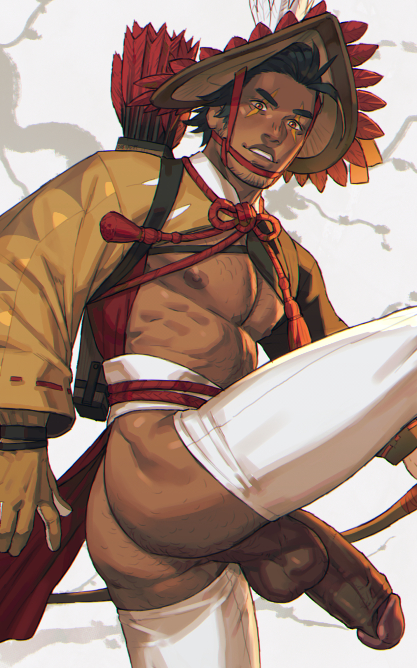 1boy amigasa ass ass_hair bara bare_pectorals black_hair commentary dark-skinned_male dark_skin dreamplpe english_commentary erection hat highres hisuian_decidueye japanese_clothes large_pectorals looking_at_viewer male_focus muscular muscular_male nintendo nipples parted_lips pectorals penis perineum personification pokemon quiver red_eyes short_hair solo sparse_chest_hair testicles variant_set
