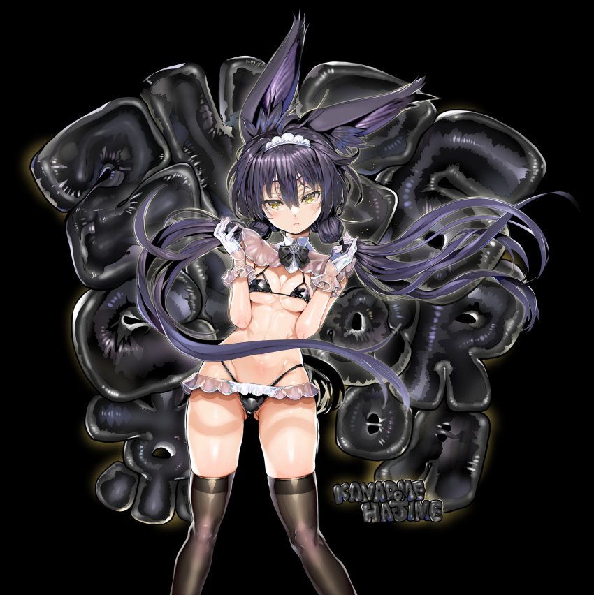 1girl :&lt; animal_ears artist_name balloon black_background black_bra black_hair black_thighhighs bow bowtie bra char closed_mouth collar gloves highres leather lingerie long_hair looking_at_viewer maid maid_headdress necro-san original panties see-through_clothes sidelocks simple_background solo thighhighs twintails underwear white_gloves yellow_eyes zettai_ryouiki