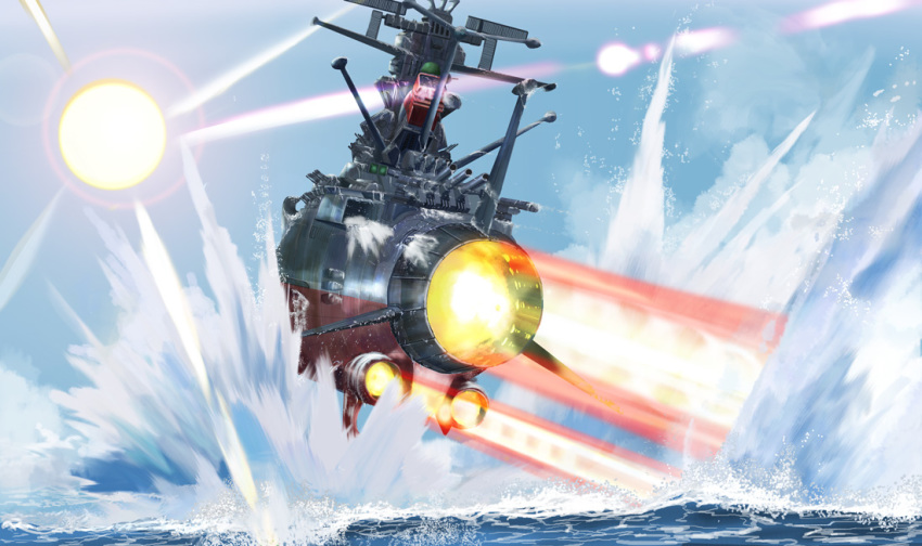 antennae bad_id bad_pixiv_id energy_cannon i.t.o_daynamics lens_flare ocean realistic science_fiction spacecraft sun takeoff thrusters turret uchuu_senkan_yamato uchuu_senkan_yamato_2199 water yamato_(uchuu_senkan_yamato)
