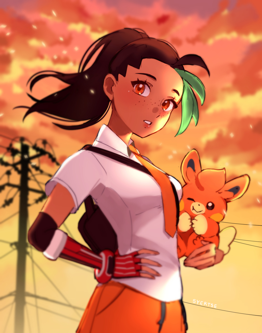 1girl bag breasts brown_eyes brown_hair city colored_bangs dark-skinned_female dark_skin dawn fingerless_gloves freckles gloves green_hair highres lips looking_at_viewer necktie nemona_(pokemon) nintendo open_mouth pawmi pokemon pokemon_(creature) pokemon_sv power_lines shirt solo sunlight syertse tan utility_pole white_shirt
