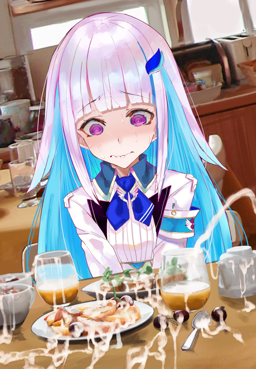 1girl @_@ armband blue_hair blunt_bangs closed_mouth cum cum_on_food cup drinking_glass female_focus food hair_ornament highres indoors lize_helesta long_hair multicolored_hair nijisanji purple_eyes shirt silver_hair solo spoon suujiniku two-tone_hair upper_body virtual_youtuber white_shirt