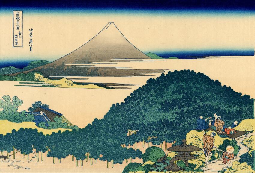19th_century 5boys absurdres bald cloud fine_art_parody gradient_sky highres hokusai japan japanese_clothes japanese_text kimono landscape mount_fuji mountain mountainous_horizon multiple_boys nihonga original outdoors parody pointing rooftop scenery sky stone_lantern thirty-six_views_of_mount_fuji tiles traditional_media translation_request tree ukiyo-e volcano