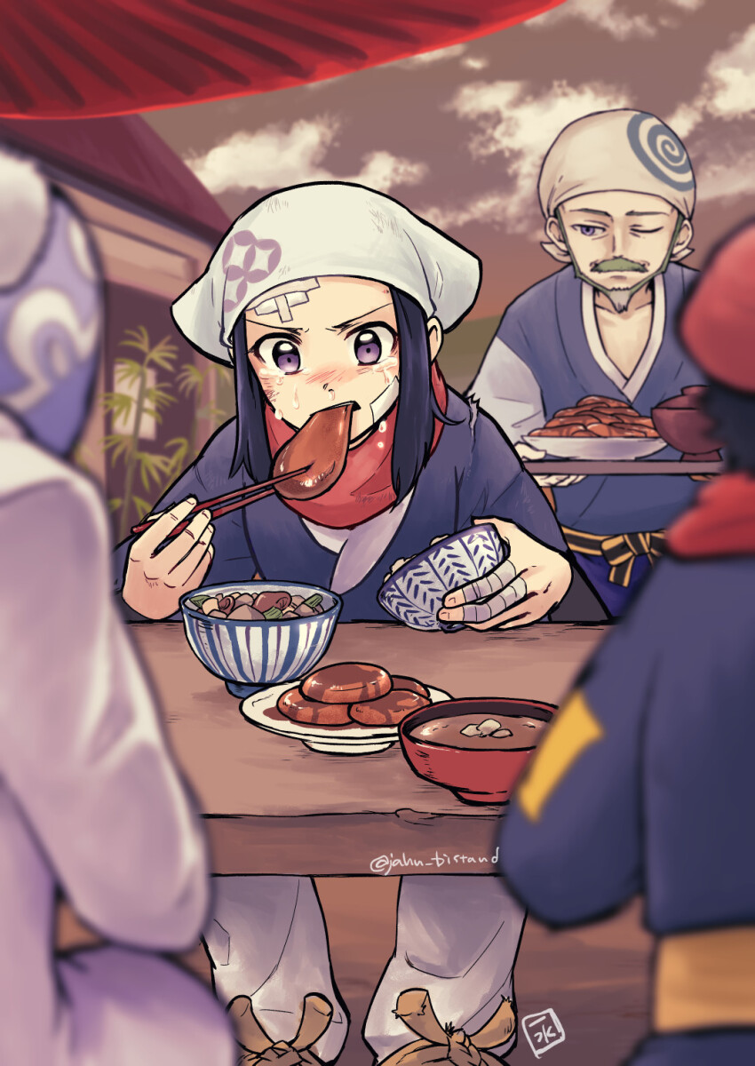 1girl 2boys akari_(pokemon) bamboo bandaged_fingers bandages bandaid bandaid_on_cheek bandaid_on_face bandaid_on_forehead beard beni_(pokemon) biting black_hair blue_kimono bowl chopsticks cloud cloudy_sky crying crying_with_eyes_open eating facial_hair fingernails food full_beard galaxy_expedition_team_survey_corps_uniform hat headscarf highres holding holding_bowl holding_chopsticks holding_food issui_(jahn_bistand) japanese_clothes kimono professor_laventon long_hair multiple_boys mustache nintendo obi one_eye_closed plant plate pokemon pokemon_legends:_arceus red_hat red_scarf rei_(pokemon) runny_nose sandals sash scarf short_hair sidelocks sky snot socks table tears twitter_username white_headscarf white_socks