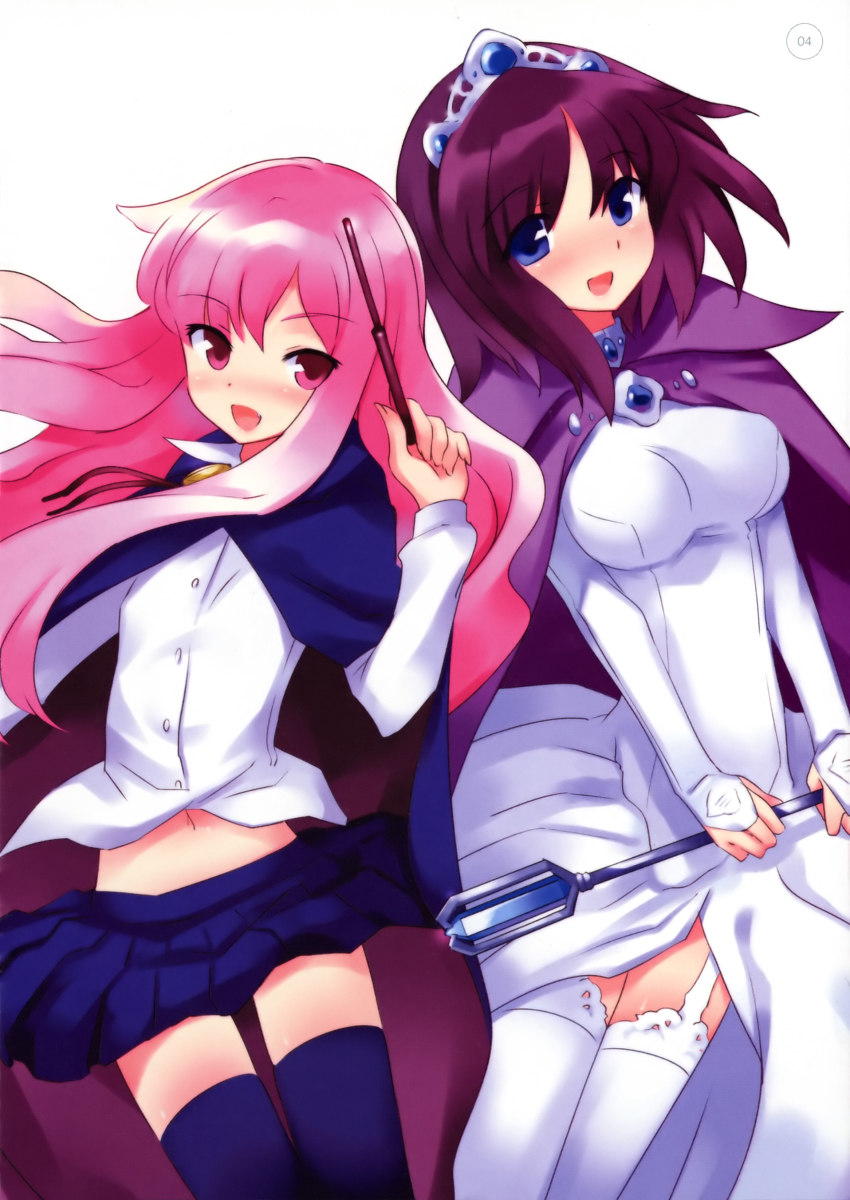 2girls :d absurdres artbook blue_thighhighs blush cloak henrietta_de_tristain highres holding holding_scepter holding_wand louise_francoise_le_blanc_de_la_valliere midriff_peek multiple_girls official_art open_mouth page_number pink_hair purple_cloak purple_hair scan scepter shirt smile thighhighs usatsuka_eiji wand white_shirt zero_no_tsukaima zettai_ryouiki