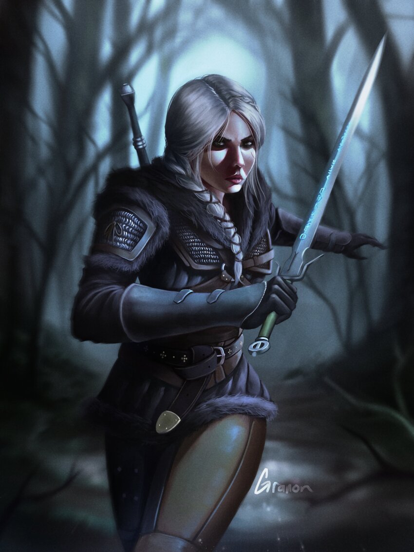 1girl absurdres armor bare_tree belt black_belt black_gloves braid braided_ponytail ciri gloves granoonymous highres holding holding_sword holding_weapon long_hair looking_at_viewer outdoors signature solo sword the_witcher_(series) the_witcher_4 tree weapon white_hair