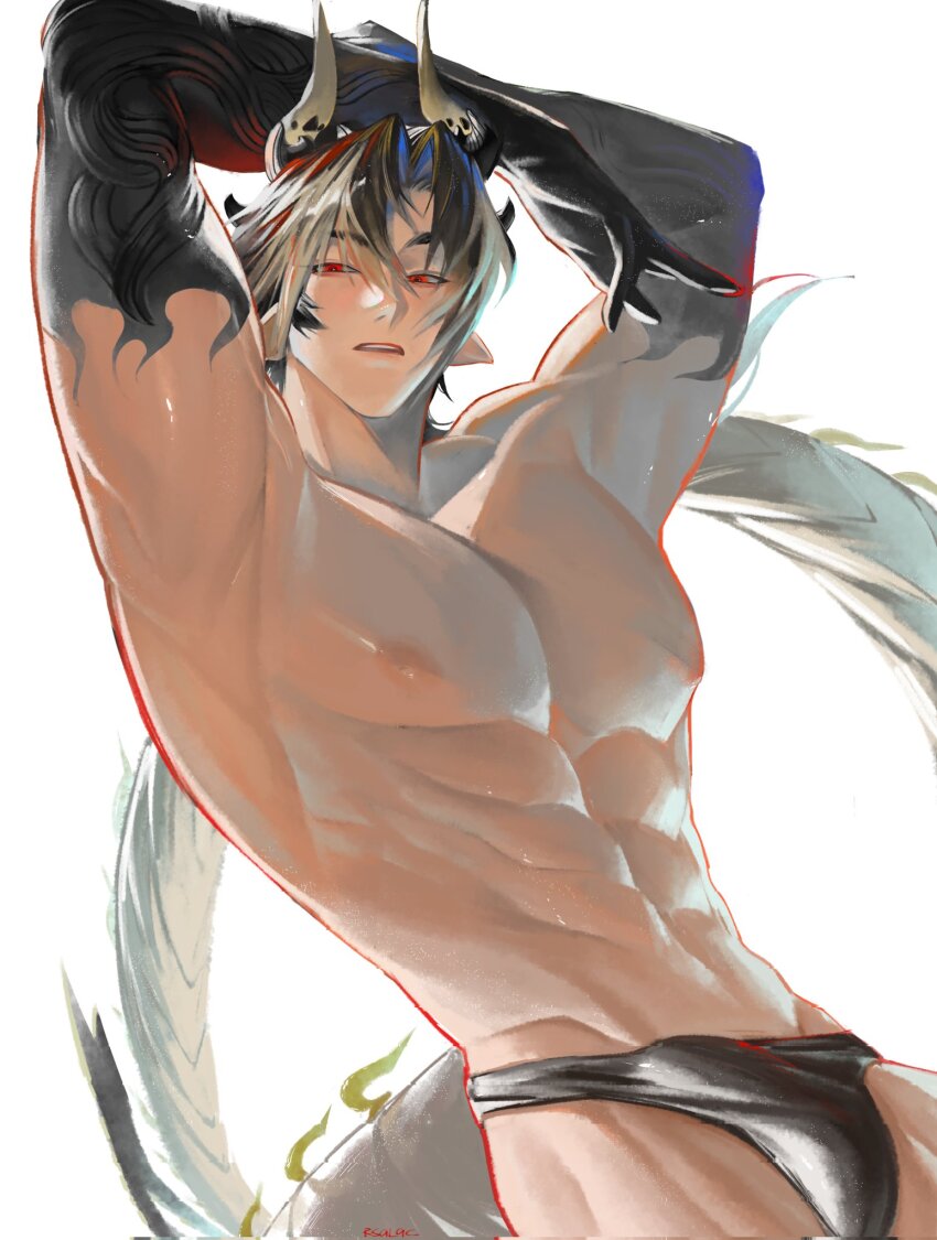 1boy abs arknights armpits arms_up black_hair black_male_underwear chongyue_(arknights) commentary cowboy_shot curtained_hair dragon_boy dragon_horns dragon_tail dutch_angle english_commentary groin highres horns jirouryuunosuke male_focus male_underwear muscular muscular_male navel nipples parted_lips pectorals pointy_ears simple_background solo tail underwear white_background