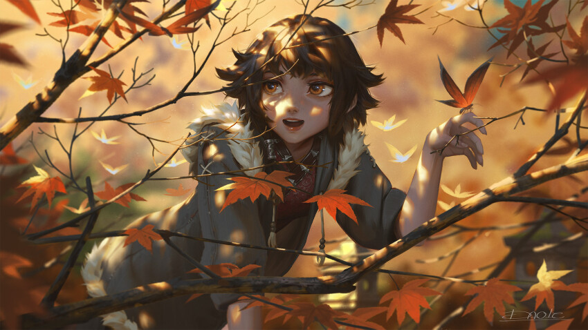 1girl autumn_leaves black_trim blurry blurry_background brown_hair bug butterfly butterfly_on_hand commentary dao_trong_le dappled_sunlight day drawstring dress english_commentary falling_leaves fur-trimmed_hoodie fur_trim hair_tubes highres hood hoodie insect leaf leaning_forward looking_to_the_side medium_hair messy_hair open_mouth orange_butterfly orange_eyes original outdoors red_dress short_sleeves signature single_hair_tube solo sunlight teeth tree upper_body upper_teeth_only