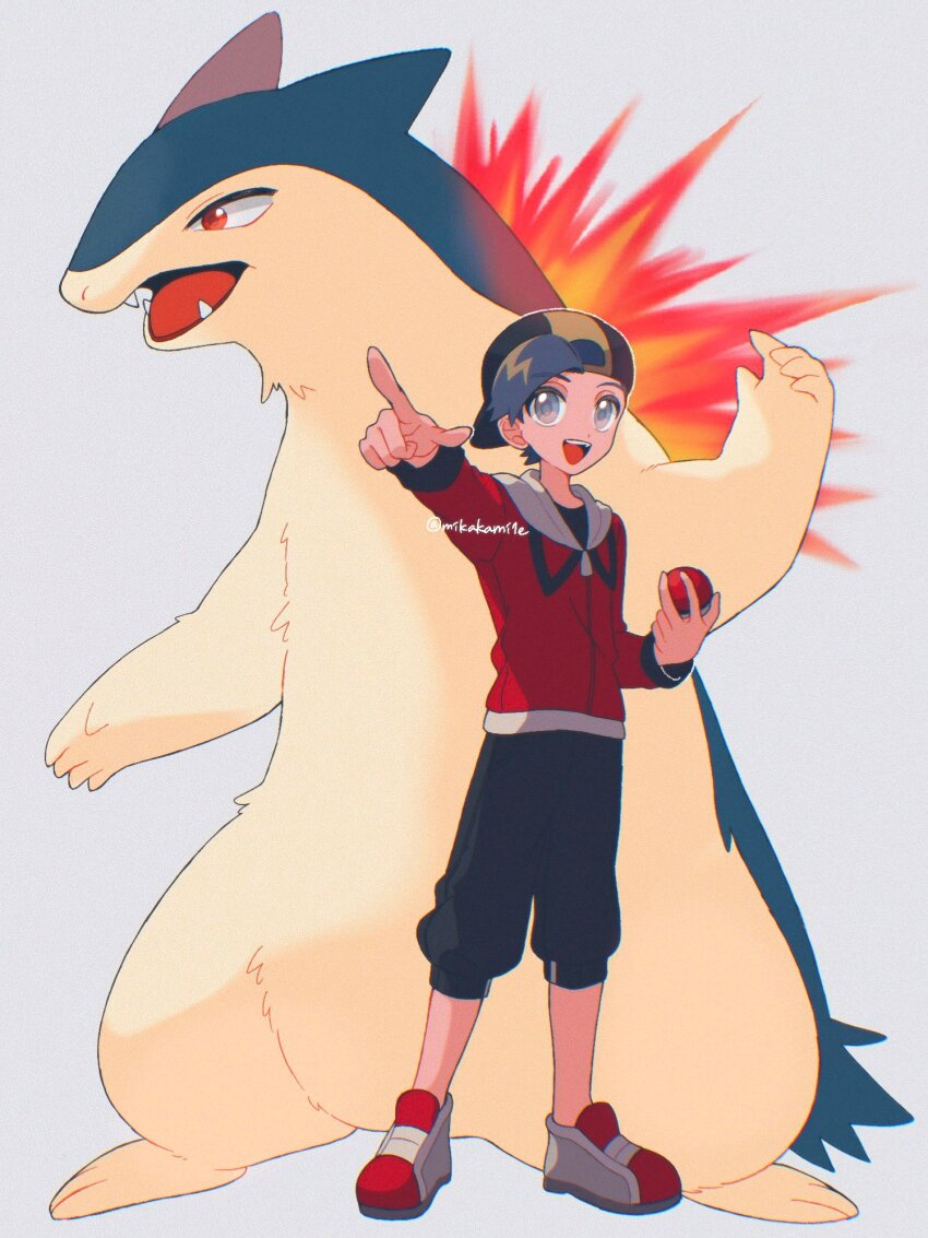 1boy backwards_hat baseball_cap black_hair ethan_(pokemon) gen_2_pokemon hat highres holding holding_poke_ball jacket long_sleeves mikakami1e nintendo open_mouth pants poke_ball pokemon pokemon_(creature) pokemon_hgss red_jacket shirt short_hair simple_background smile typhlosion