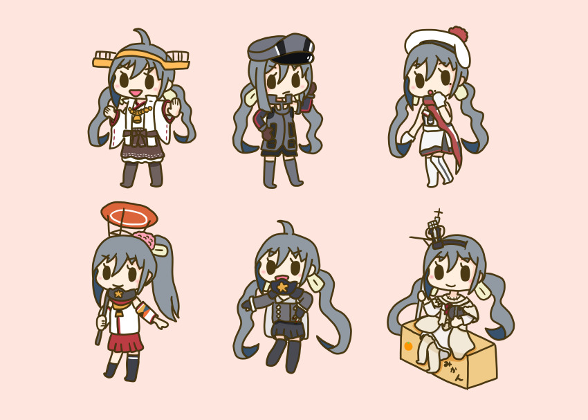1girl :d absurdres ahoge beret bismarck_(kancolle) bismarck_(kancolle)_(cosplay) black_gloves black_thighhighs box brown_gloves brown_hair brown_skirt cardboard_box cherry_blossoms chibi cosplay crown detached_sleeves dress fingerless_gloves flower gloves grey_footwear grey_hair hair_between_eyes hat headgear highres holding holding_umbrella kantai_collection kiyoshimo_(kancolle) kongou_(kancolle) kongou_(kancolle)_(cosplay) long_hair long_sleeves looking_at_viewer low_twintails mini_crown mole mole_under_eye mole_under_mouth multiple_views musashi_(kancolle) musashi_(kancolle)_(cosplay) musashi_kai_ni_(kancolle) nontraditional_miko off-shoulder_dress off_shoulder oil-paper_umbrella open_mouth peaked_cap pink_background pom_pom_(clothes) ponytail red_flower red_rose red_skirt ribbon-trimmed_sleeves ribbon_trim richelieu_(kancolle) richelieu_(kancolle)_(cosplay) rose scarf simple_background single_thighhigh sitting skirt smile supertron6251 thighhighs twintails umbrella very_long_hair warspite_(kancolle) warspite_(kancolle)_(cosplay) white_dress white_gloves wide_sleeves yamato_(kancolle) yamato_(kancolle)_(cosplay)