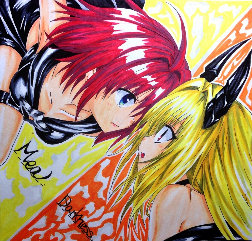 2girls ahoge alpaca_no_otouto black_shirt blouse derivative_work face-to-face frown hair_intakes highres horns konjiki_no_yami konjiki_no_yami_(darkness_mode) kurosaki_mea marker_(medium) millipen_(medium) multiple_girls orange_background pen_(medium) shirt thigh_strap to_love-ru to_love-ru_darkness traditional_media yellow_background